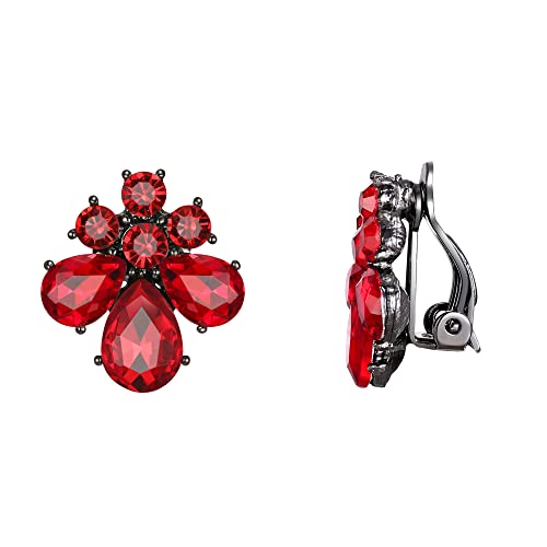 EVER FAITH Tropfen Ohrclips für Damen Mädchen Strass Kristall Blume Clip Ohrstecker Rot von EVER FAITH