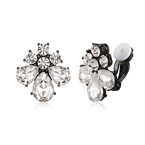 EVER FAITH Tropfen Ohrclips für Damen Mädchen Strass Kristall Blume Clip Ohrstecker Weiß Schwarz-Ton von EVER FAITH