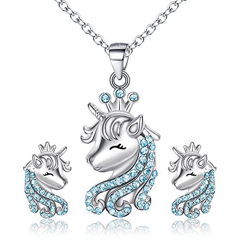 EVER FAITH Unicorn Einhorn Schmuck Set für Mädchen 925 Sterling Silber Mehrfarbig Cubic Zirconia Halskette und Ohrringe Set Geschenk für Tochter Enkelin Blau von EVER FAITH