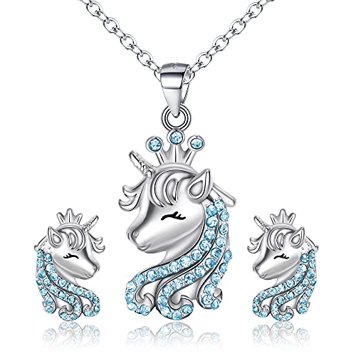 EVER FAITH Unicorn Einhorn Schmuckset für Mädchen 925 Sterling Silber Mehrfarbig Cubic Zirconia Halskette und Ohrringe Set Geschenk für Tochter Enkelin Blau von EVER FAITH