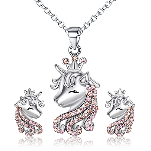 EVER FAITH Unicorn Einhorn Schmuckset für Mädchen 925 Sterling Silber Mehrfarbig Cubic Zirconia Halskette und Ohrringe Set Geschenk für Tochter Enkelin Lila von EVER FAITH