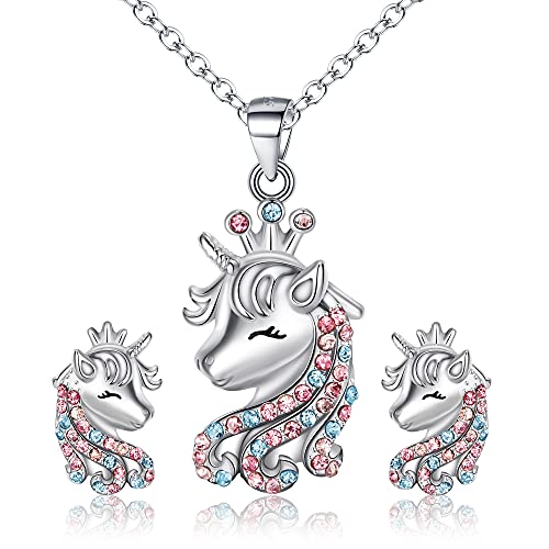 EVER FAITH Unicorn Einhorn Schmuck Set für Mädchen 925 Sterling Silber Mehrfarbig Cubic Zirconia Halskette und Ohrringe Set Geschenk für Tochter Enkelin Regenbogen von EVER FAITH