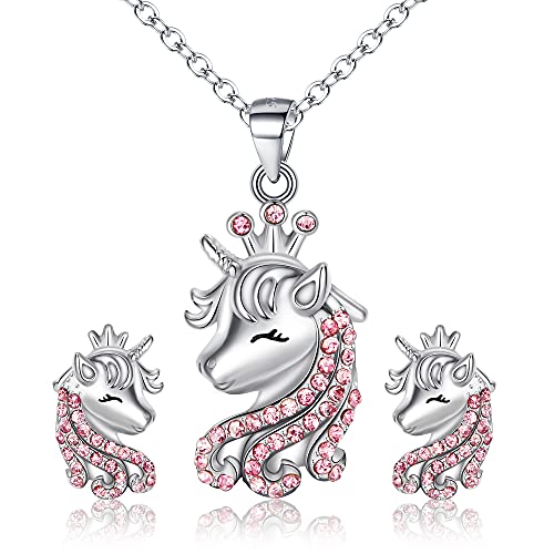 EVER FAITH Unicorn Einhorn Schmuck Set für Mädchen 925 Sterling Silber Mehrfarbig Cubic Zirconia Halskette und Ohrringe Set Geschenk für Tochter Enkelin Rosa von EVER FAITH