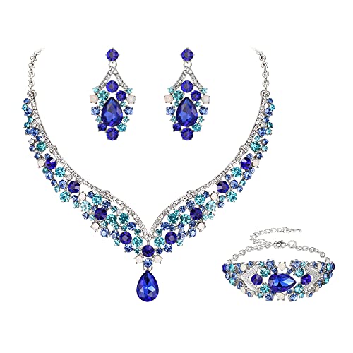 EVER FAITH V-Form Schmuckset für Braut österreichischen Kristall elegante Statement Teardrop Halskette Ohrringe Armband Set Blau Silber-Ton EVER FAITH V-Form Schmuckset für Braut österreichischen Kristall elegante Statement Teardrop Halskette Ohrringe Armband Set Blau Silber-Ton von EVER FAITH