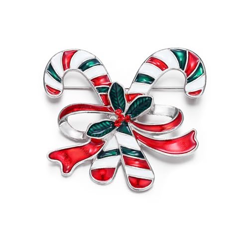 EVER FAITH Weihnachten Brosche für Damen, Mode Vintage rot grün Emaille Zuckerstange Broschen Strass Kristall Bowknot Anstecknadel Pins Kleidung Schmuck Geschenke Zubehör Silber-Ton von EVER FAITH