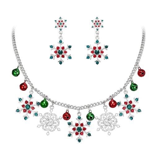 EVER FAITH Weihnachten Halskette baumeln Ohrringe Set, bunte Strass Glocke Winter Schneeflocke Charme Schmuck-Sets festlichen Santa Schmuck Geschenk für Damen von EVER FAITH