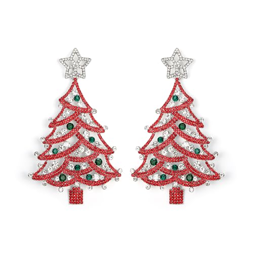 EVER FAITH Weihnachtsbaum-Ohrringe Art Deco Strass Kristall Ohrstecker für Weihnachten Party Geschenk Rot Silber-Ton von EVER FAITH
