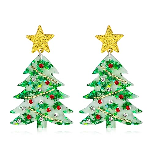 EVER FAITH Weihnachtsbaum Ohrringe Gold Stern Kristall Acryl Tropfen Grün Baum Ohrring Schmuck Geschenk für Damen Mädchen Urlaub Party Fest Dekoration Gold-Ton von EVER FAITH