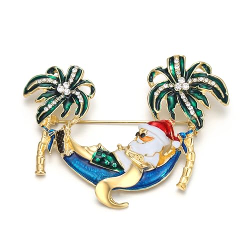 EVER FAITH Weihnachtsmann Brosche mit Kristall Niedliche grüne Hawaii Palm Tree Xmas Santa Anstecker für Kleidung Weihnachten Schmuck Geschenke Zubehör Gold-Tone von EVER FAITH