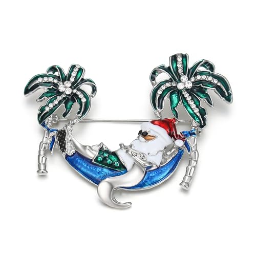 EVER FAITH Weihnachtsmann Brosche mit Kristall Niedliche grüne Hawaii Palm Tree Xmas Santa Anstecker für Kleidung Weihnachten Schmuck Geschenke Zubehör Silber-Tone von EVER FAITH