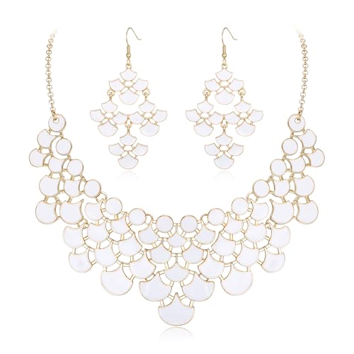 EVER FAITH Weiß Statement Kragen Halskette mit Ohrringe Set, Emaille Vintage Chunky Bib Modeschmuck Sets für Damen von EVER FAITH