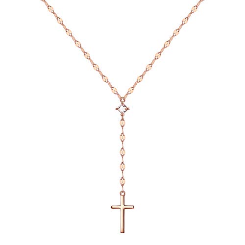 EVER FAITH Y-förmige Halskette 925 Silber Zierlich Weiß Zirkon Religiöses Kreuz Anhänger Lariat Kette für Damen Mädchen Rosagold-Ton von EVER FAITH