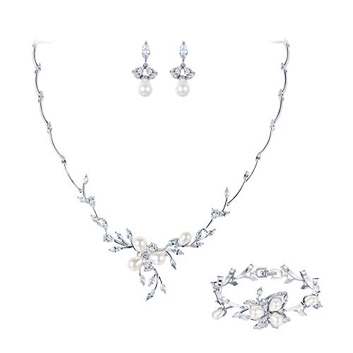 EVER FAITH Zirkon Simulierte Perle Blume Blatt Filigrane Halskette Ohrringe Armband Set Klar Silber-Ton von EVER FAITH