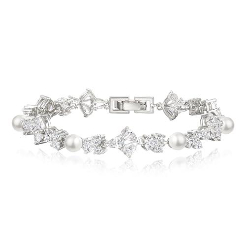 EVER FAITH Zirkonia Armband mit Creme simulierte Perle Hochzeit Schmuck für Braut Prom Party Teardrop Tennis Armkette für Damen Klar Silber-Ton von EVER FAITH