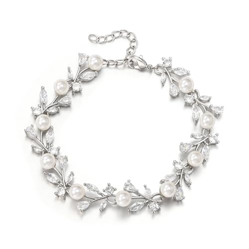 EVER FAITH Zirkonia Armband mit künstliche Perle für Braut wunderschöne kubische Zirconia Vine Blatt Teardrop verstellbare Armkette für Damen Klar Silber-Ton von EVER FAITH