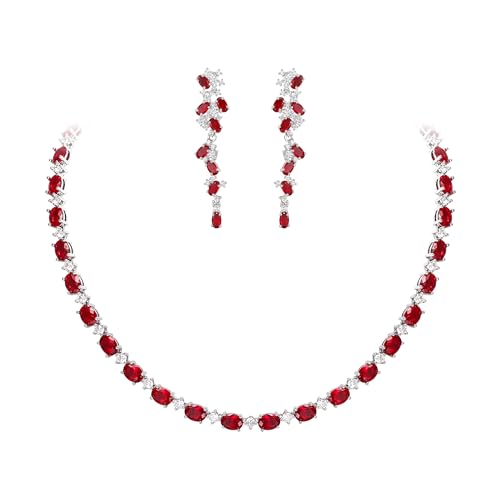 EVER FAITH Zirkonia Schmuck Set elegant Rot oval geformt April Geburtsstein Hochzeit Party Halskette baumeln Ohrringe Set Schmuck Geschenk für Damen Mutter von EVER FAITH