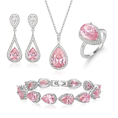 EVER FAITH Zirkonia Schmuck Set für Braut Hochzeit Teardrop Statement Anhänger Halskette, Ohrringe, öffnen Rin und Tennis Armband Set Schmuck Geschenke Rosa Silber-Ton von EVER FAITH