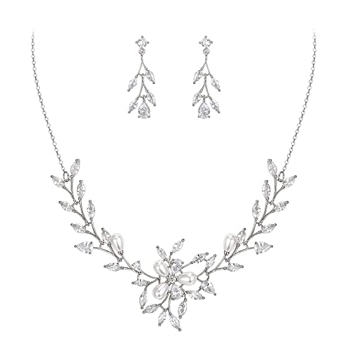 EVER FAITH Zirkonia Schmuck-Set für Hochzeit Marquise Tropfen Simulierte Perlen Blatt Halskette und Ohrringe Set Silber-Ton von EVER FAITH