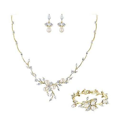 EVER FAITH Zirkonia simulierte Perle Blume Blatt filigrane Halskette Ohrringe Armband Set weiß Gold-Ton von EVER FAITH