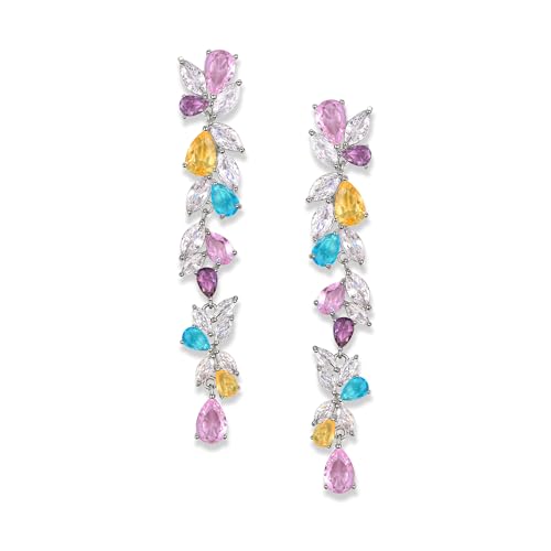EVER FAITH lange Ohrringe mit Zirkonia für Damen Party Braut mit überzogene Kristall Blumenblatt Kronleuchter Bunt Silber-Ton von EVER FAITH