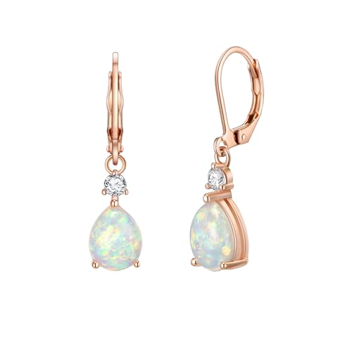 EVER FAITH zierlich erstellt Opal Wassertropfen baumeln Ohrringe für Damen Mädchen, Glamour kubischer Zirkon Oktober Birthstone Teardrop Leverback Weiß Rose Gold-Ton von EVER FAITH