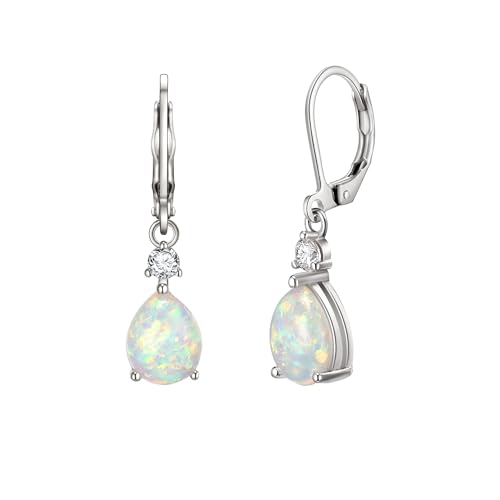 EVER FAITH zierlich erstellt Opal Wassertropfen baumeln Ohrringe für Damen Mädchen, Glamour kubischer Zirkon Oktober Birthstone Teardrop Leverback Ohrringe Weiß Silber-Ton von EVER FAITH