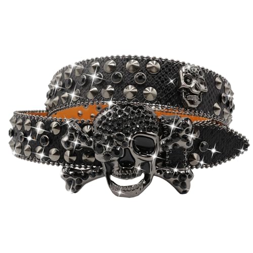 EVERBLTING Y2K Totenkopf-Gürtel mit Strasssteinen für Herren und Damen, Nieten, Punk, Totenkopf-Gürtel, stylischer Strass-Cowgirl-Gürtel, Schwarz, 105: fits waist from 30"-34" von EVERBLTING