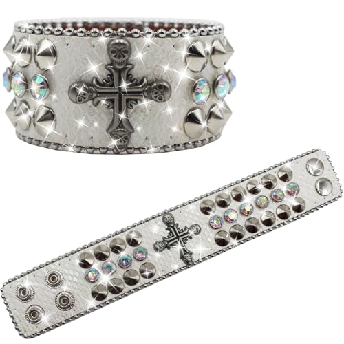 Strass Armband LederKrone Strass Armbänder für Damen und Herren Leder Manschette Armband Punk Armband Nieten Armband Mode Armband Verstellbar Silber Leder Armband Manschette Armband, 23 cm von EVERBLTING