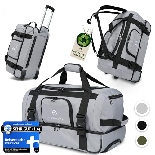 EVERGLOBE Reisetasche mit Rollen 60l Klein - 3in1 Tasche + Trolley + Rucksack | Reisekoffer mit Rollen Travel Bag Sporttasche Duffle Bag Koffer Urlaub Reise Outdoor Sport | Damen und Herren Grau von EVERGLOBE