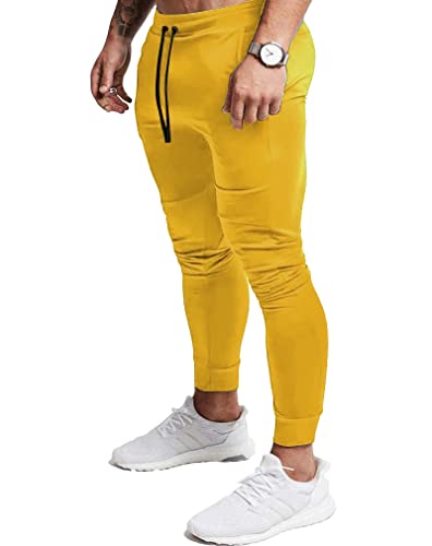 EVERWORTH Herren Jogginghose Sweatpants Herren Slim Jogger Pants Tapered Gym Running Workout Hose mit tiefen Taschen - Gelb - X-Klein von EVERWORTH