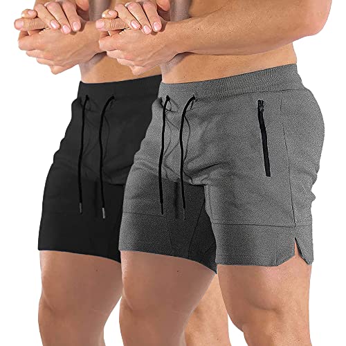 EVERWORTH Herren Solid Gym Workout Shorts Bodybuilding Running Fitted Training Jogging Kurze Hose mit Reißverschlusstasche 3 Farben, 2er-Pack (Schwarz/Grau), Klein von EVERWORTH