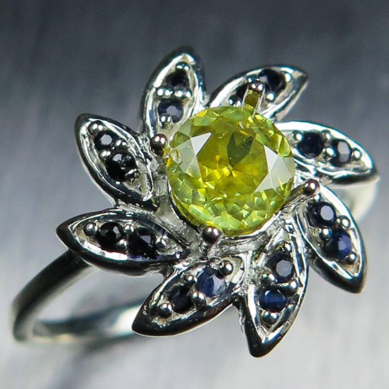 Zertifizierte 0.70Cts Natürliche Goldgelbe Sphalerite & Blaue Saphire Sterling 925 Silberring S von EVGAD