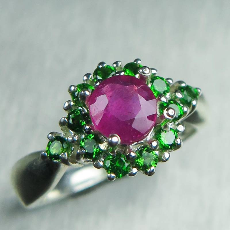 Zertifizierte 0.8Cts Natürliche Rubin Rosa Rot & Chromdiopsid Sterling 925 Silber 9Ct 14K 18K 585 750 Gelb Rot Weiß Gold Platin Cluster Ring von EVGAD