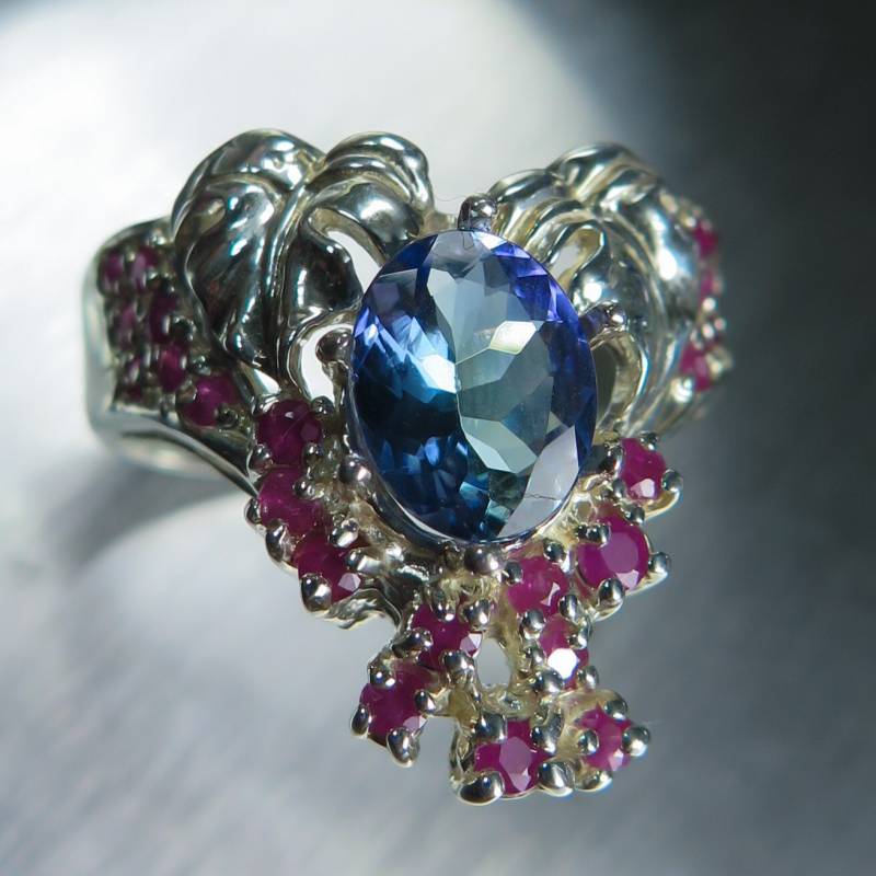 Zertifizierte 1.65Ct Natürliche Tansanit Blau Oval & Rubine Sterling 925 Silber 9Ct 14K 18K Weiß Gelb Rot Gold Platin Palladium Art-Deco-Ring von EVGAD