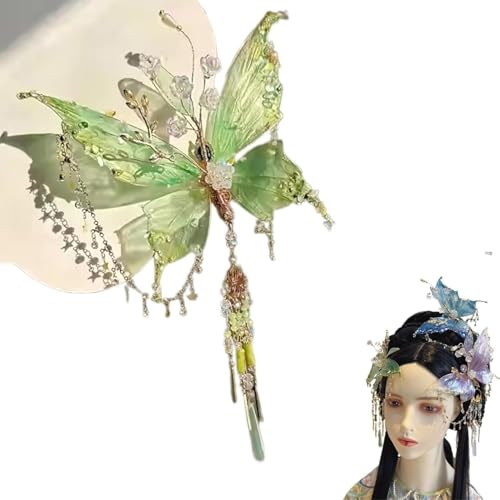 Große Haarspangen mit Feenflügeln, Haarklammern mit 3D-Schmetterlingsperlen-Design für Frisuren, Haarspange mit Schmetterlingstränen und Quaste für Frauen (Grün, Einheitsgröße) von EVIRNFVEQ