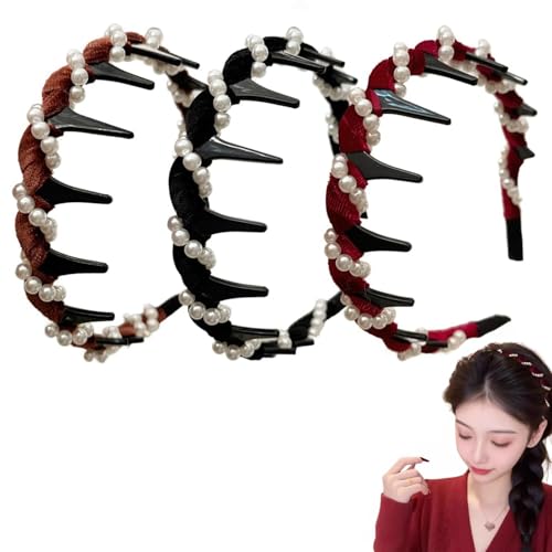 Haarreifen Damen 2025 Neu Vintage High Cranium Kunstperlen Haarband 3 Stück Mode Stirnbänder für Frauen Damen Mädchen Faux Pearl Haarband (Strasssteine, M) von EVIRNFVEQ