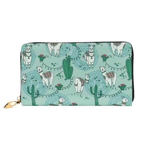 EVIUS Blume und Mond bedruckte Geldbörse Frauen lange Stil Clutch Tasche Outdoor Geldklammer Reise Brieftasche Halter Reißverschluss rundherum leicht zu tragen, modisch und schön, Lama Alpaka Grün, von EVIUS