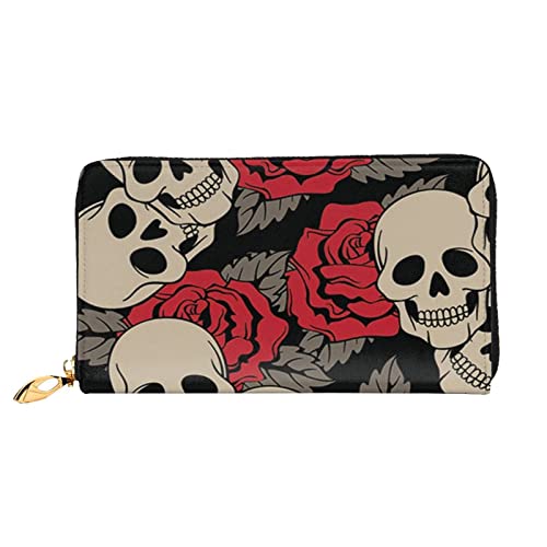 EVIUS Rosa Kirsche bedruckte Geldbörse lange Stil Clutch Bag Unisex Geldklammer Reise Brieftasche Halter Reißverschluss umlaufend, einfach zu tragen, modisch und schön, Schwarzer Schädel mit Rosen, von EVIUS