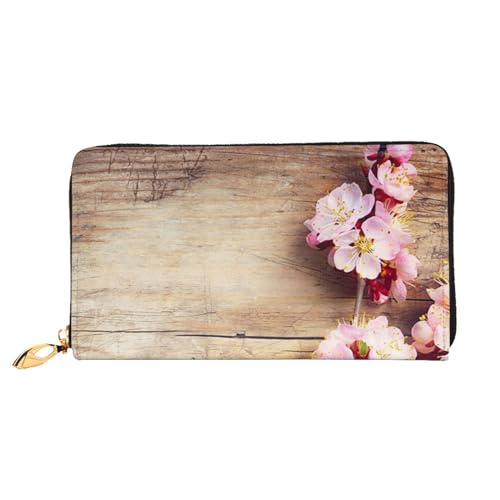 EVIUS Valentinstags-Herz-bedruckte Geldbörse, langer Stil, Clutch, Unisex, Geldklammer, Reise-Brieftasche, Reißverschluss, einfach zu tragen, modisch und schön, Frühlingsblüte auf Holz Romantisch von EVIUS