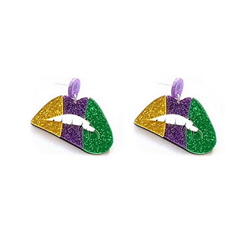 1 Paar Mardi Gras Ohrringe für Damen, Acryl, baumelnde Ohrringe, lila, grün und gold, Karnevals-Zubehör, Hut-Mund-Ohrringe für Mädchen, Cosplay, Festival, Geschenke, Acryl, Kein Edelstein von EVKILKJS