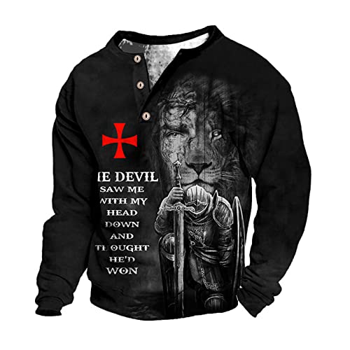 EVOHOUSE Herren Ritter Templer 3D gedruckt T-Shirt Retro Langarm Distressed Henley Hemd Tops Vintage Motorrad Biker Tops von EVOHOUSE