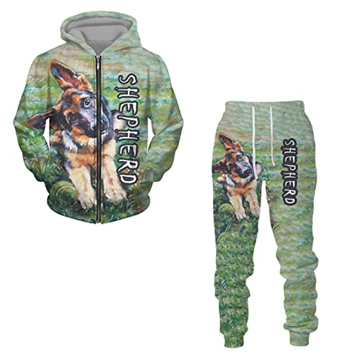 EVOHOUSE Herren Trainingsanzug Set Schäferhund 3D gedruckt Reißverschluss Hoodie und Jogger Hose Anzug Casual Zweiteiler Set Sweatshirt Set von EVOHOUSE