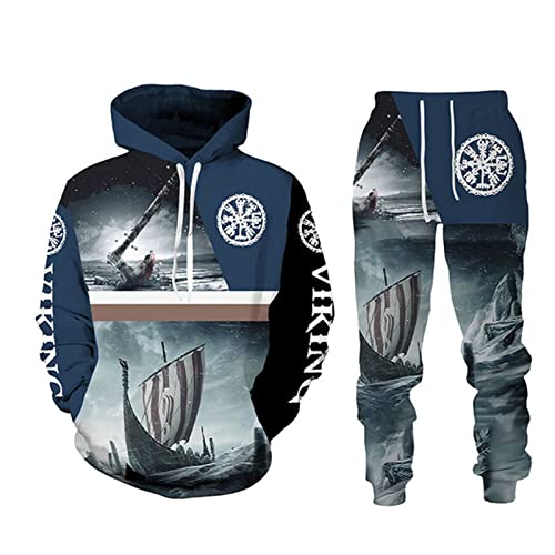 EVOHOUSE Herren Trainingsanzug zweiteiliges Set Viking Warrior 3D gedruckt Hoodie und Jogger Set Mode Sportbekleidung Set von EVOHOUSE