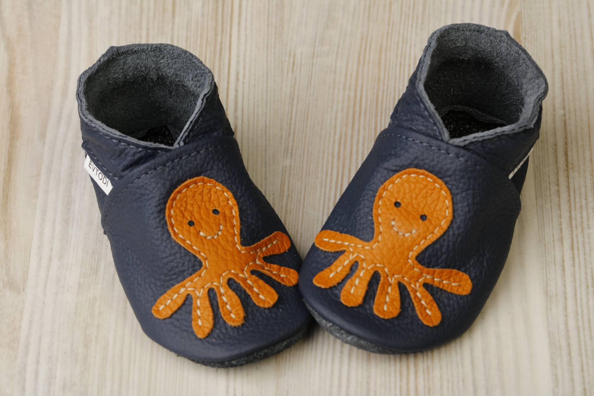 Marineblaue Babyschuhe, Leder Weiche Sohlen-Kleinkind-/Babyschuhe, Baby-Mokassins/Booties, Krippenschuhe, Mädchen, Junge, Orange Krake Geschenk von EVTODI