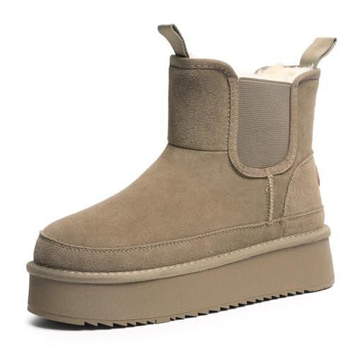 EVURU Mini Boots, Women's Classic Platform Snow Boots, Winter Warm Fur Lined Anti-Slip Short Ankle Snow Boots, Platform Ankle Boots (38,Khaki) von EVURU