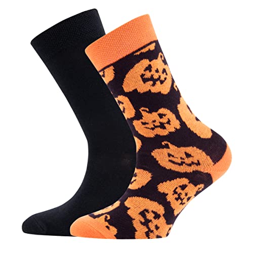 EWERS 2er-Pack Halloween Socken für Kinder, 2 Paar Kindersocken Kürbis/Uni Schwarz, Baumwolle, MADE IN GERMANY, Größe 23-26 von EWERS