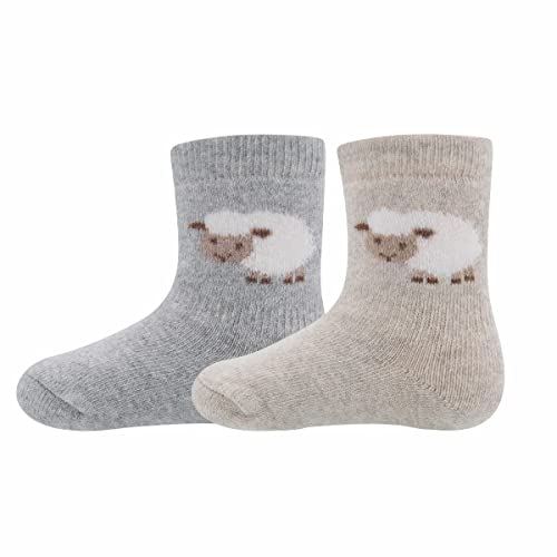 EWERS 2er-Pack Schaf-Socken für Kinder, 2 Paar Kindersocken mit Schäfchen-Motiv, Bio-Baumwolle, GOTS zertifiziert, MADE IN EUROPE, Beige/Grau, Größe 23-26 von EWERS