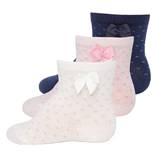 EWERS 3er-Pack Pünktchen mit Schleife, mehrfarbige Punkte-Socken für Mädchen und Jungen, Baumwolle, MADE IN EUROPE, Mädchensocken Jungensocken Kindersocken, Größe 16-17, beige/rosa/dunkelblau von EWERS