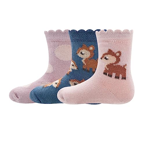 EWERS 3er-Pack Rehkitz-Söckchen, mehrfarbige Reh-Socken für Mädchen und Jungen, Baumwolle, MADE IN EUROPE, Mädchensocken Jungensocken Kindersocken, Größe 19-22, beige/hell-braun/türkis-blau von EWERS