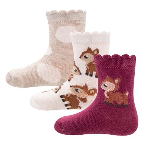 EWERS 3er-Pack Rehkitz-Söckchen, mehrfarbige Reh-Socken für Mädchen und Jungen, Baumwolle, MADE IN EUROPE, Mädchensocken Jungensocken Kindersocken, Größe 19-22, beige/hell-braun/weinrot von EWERS